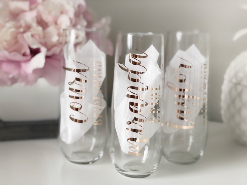 Rose gold champagne flutes- personalized champagne flutes- bridesmaid proposal box champagne flutes- wedding party champagne glasses-