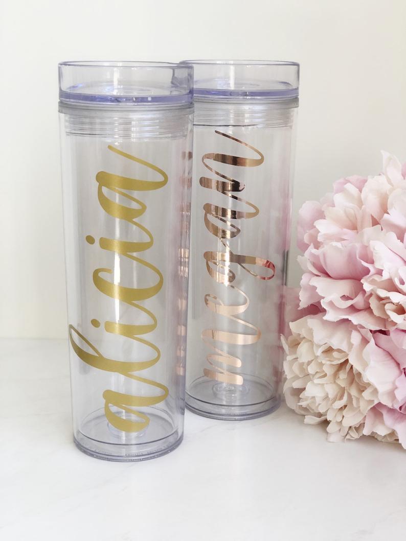 Bridesmaid water bottles - skinny tumbler for bridesmaid - personalized tumbler with name - gift for wedding party- bachelorette tumblers-