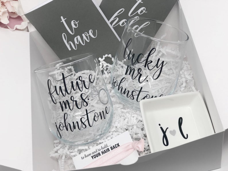 Future mrs lucky mr wine glass gift box set- gifts for engaged couples- wedding vow books- couples ring dish- bride and groom gift box set