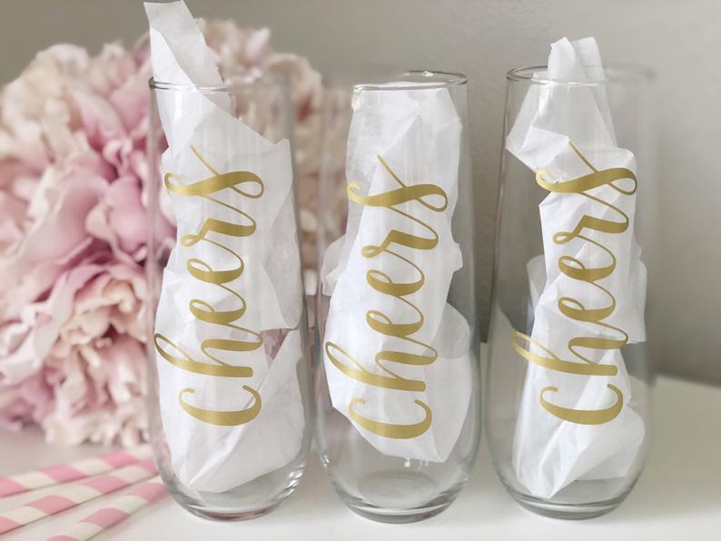 Cheers champagne flutes- cheers champagne glasses- stemless champagne flutes- personalized flutes- gold champagne flutes- bachelorette flute