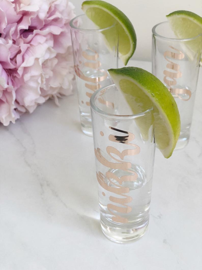 Personalized shot glasses- bridesmaid shot glass- bachelorette party shot glass gifts- bachelorette survival gifts - tequila shot glass