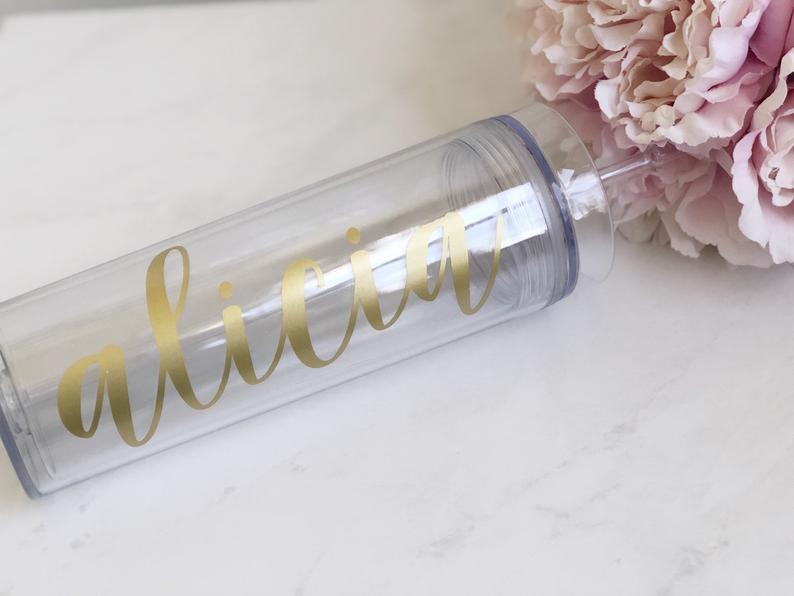 Bridesmaid water bottles - skinny tumbler for bridesmaid - personalized tumbler with name - gift for wedding party- bachelorette tumblers-