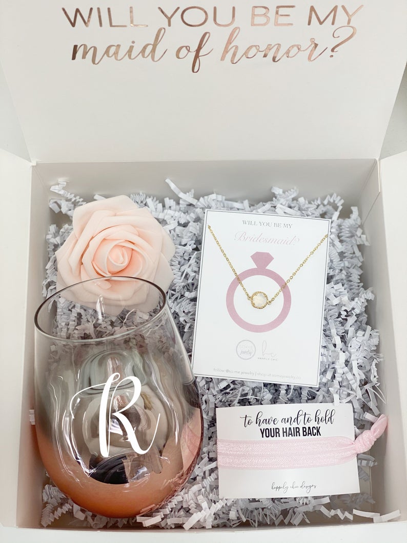 Personalized bridesmaid wine glasses- OMBRE rose gold wine glass- bridesmaid proposal box- gifts for bridal party wine stemless wine tumbler