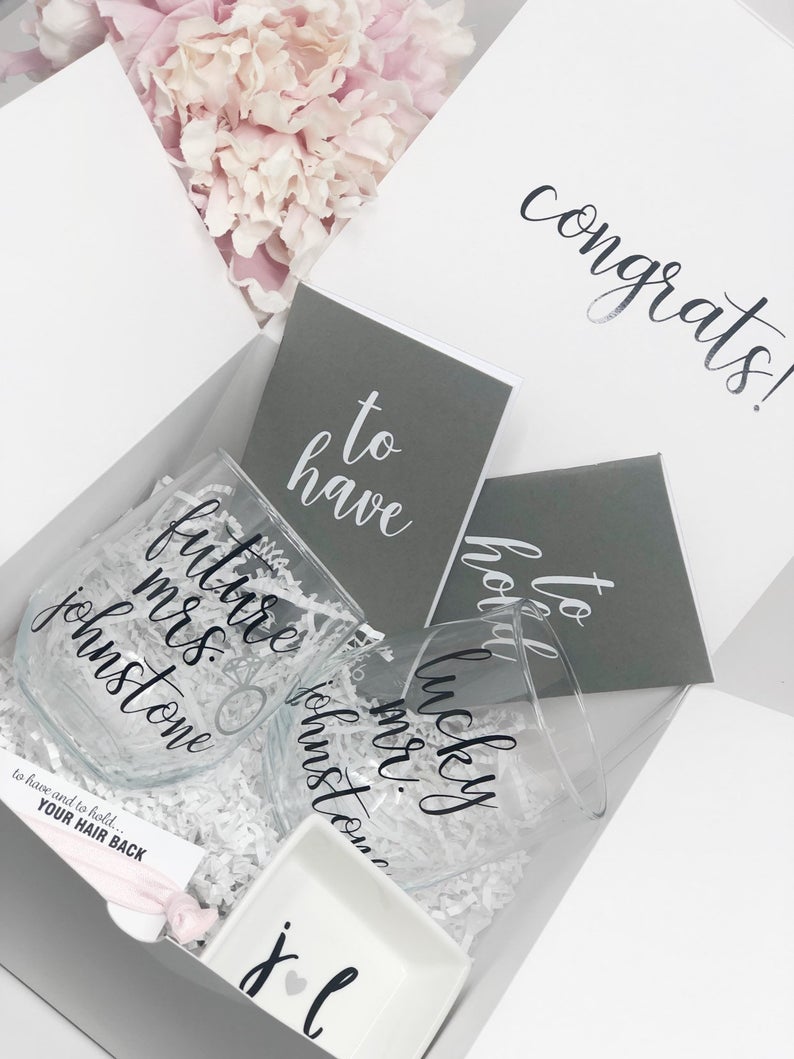 Future mrs lucky mr wine glass gift box set- gifts for engaged couples- wedding vow books- couples ring dish- bride and groom gift box set