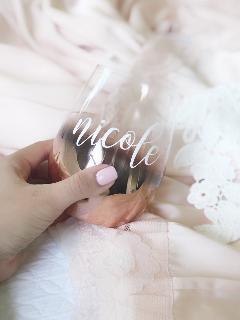 Personalized bridesmaid wine glasses- OMBRE rose gold wine glass- bridesmaid proposal box- gifts for bridal party wine stemless wine tumbler