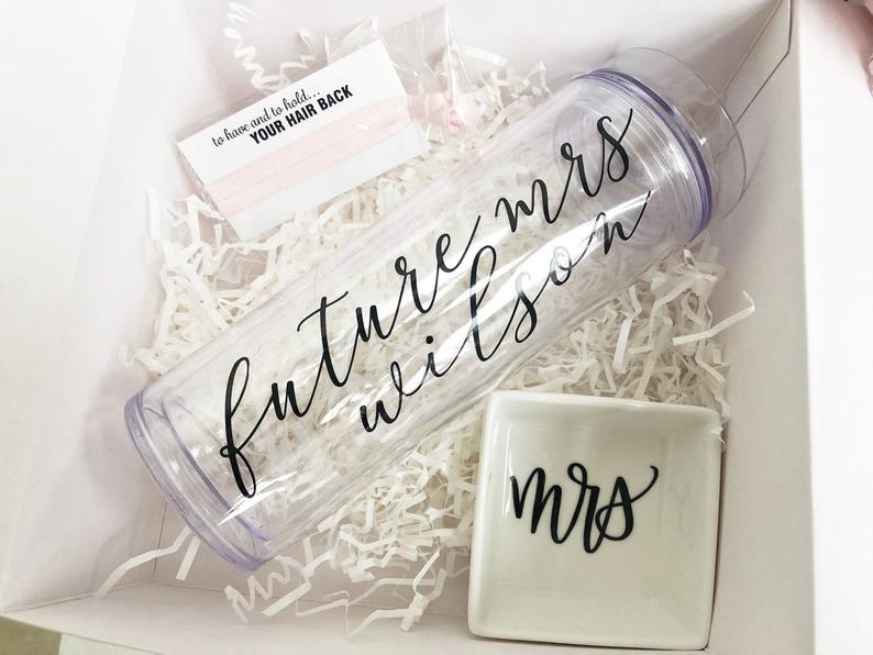 Future mrs clear skinny tumbler - personalized bride tumbler water bottle - future mrs engagement gift box set idea- bachelorette gift box