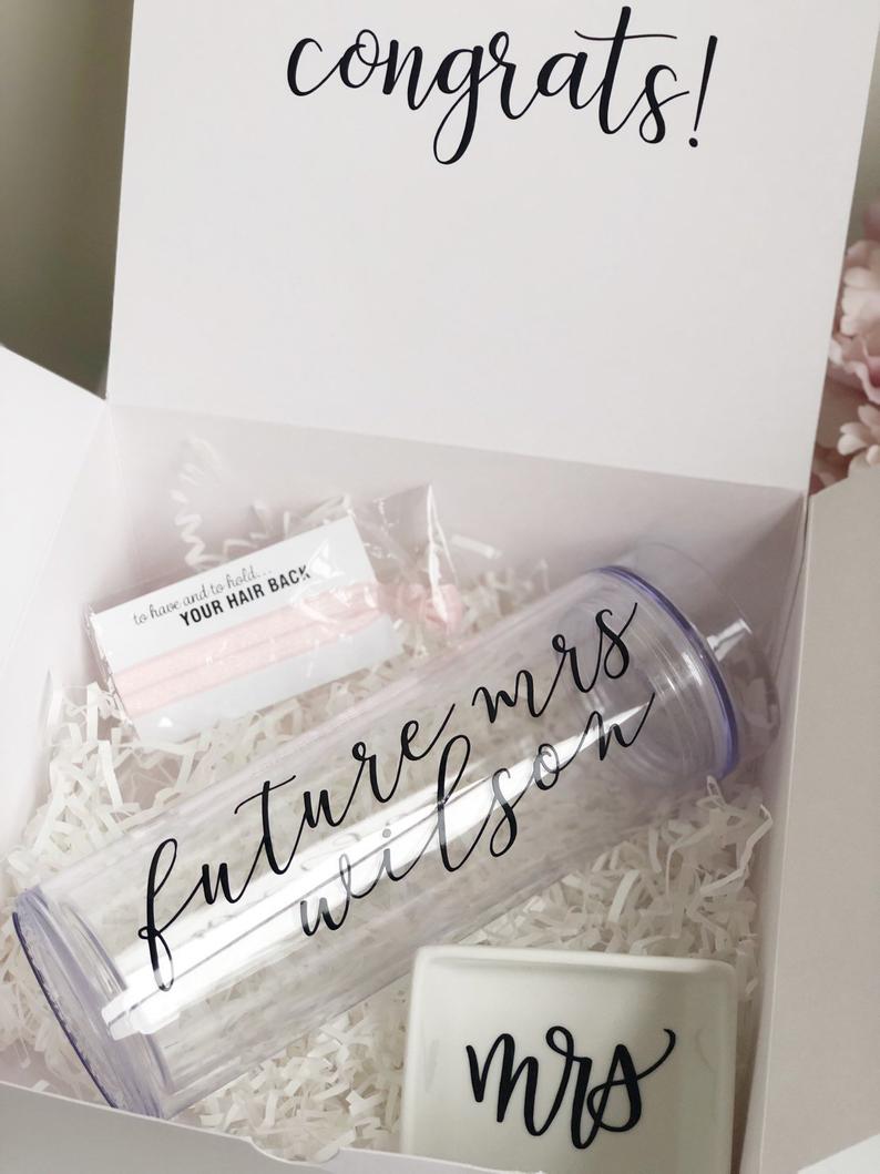 Future mrs clear skinny tumbler - personalized bride tumbler water bottle - future mrs engagement gift box set idea- bachelorette gift box