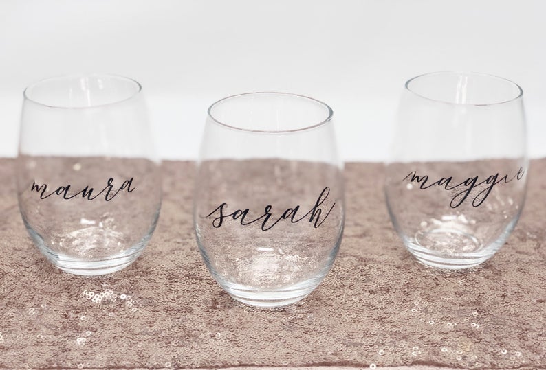 Personalized bridesmaid wine glasses- wine glass with name- bridesmaid proposal gift- gift for bridal party wine- wedding bride wine glass-