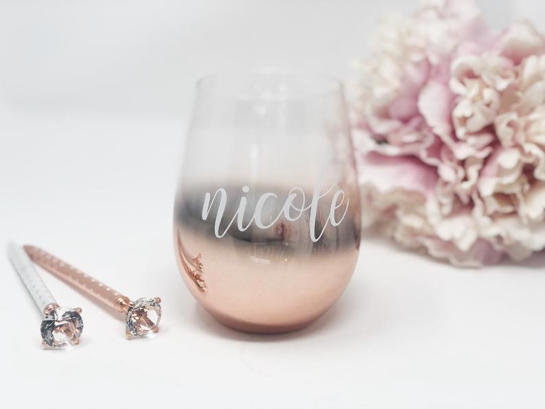 Personalized bridesmaid wine glasses- OMBRE rose gold wine glass- bridesmaid proposal box- gifts for bridal party wine stemless wine tumbler