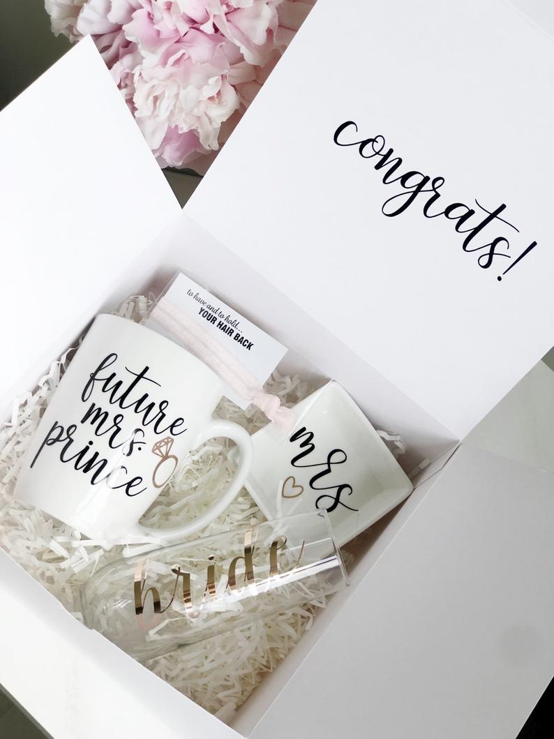 Bride gift box set - engagement gift box- future mrs gift set- bride mug champagne flute ring dish congratulations gift box set for bride to