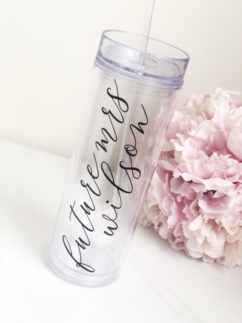 Future mrs clear skinny tumbler - personalized bride tumbler water bottle - future mrs engagement gift box set idea- bachelorette gift box