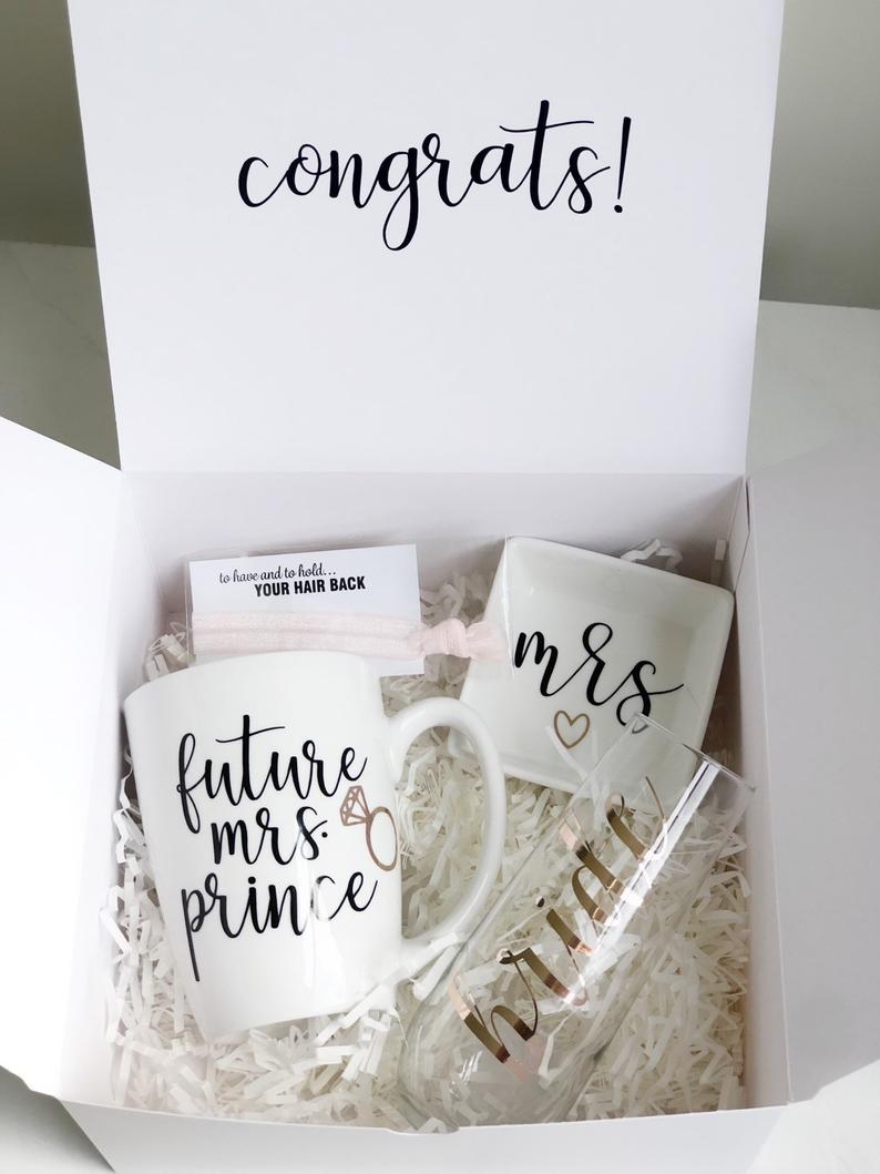 Bride gift box set - engagement gift box- future mrs gift set- bride mug champagne flute ring dish congratulations gift box set for bride to