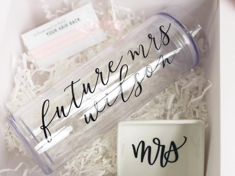 Future mrs clear skinny tumbler - personalized bride tumbler water bottle - future mrs engagement gift box set idea- bachelorette gift box