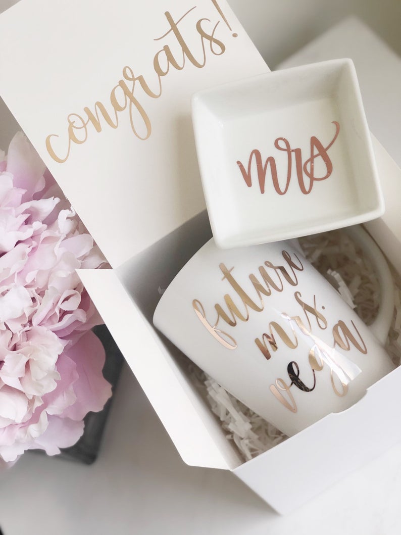 Future mrs gift box set- bride to be gift box- engagement gift box- wedding gift box set - future mrs mug ring dish gift box set for bride