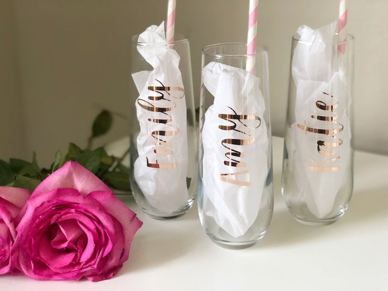 Rose gold champagne flutes- personalized bridesmaid champagne flutes - bridesmaid champagne glasses- champagne flute- bridesmaid proposal