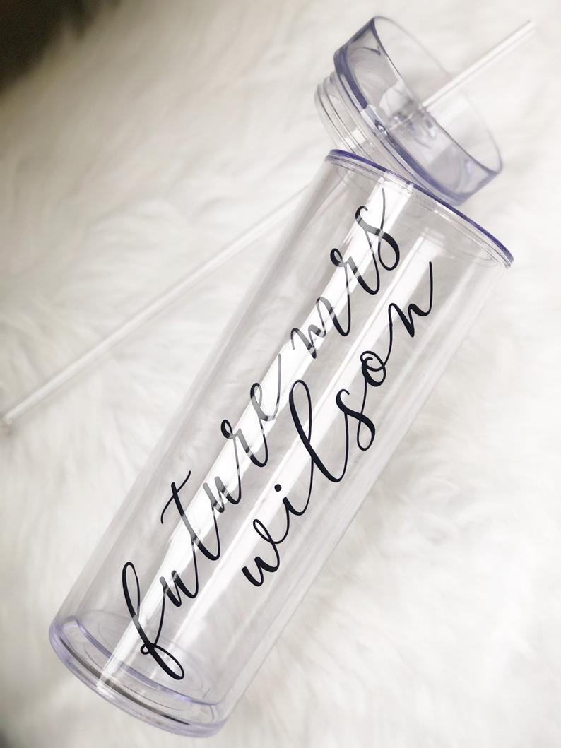 Future mrs clear skinny tumbler - personalized bride tumbler water bottle - future mrs engagement gift box set idea- bachelorette gift box