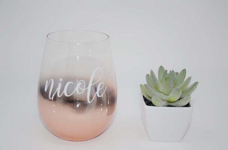 Personalized bridesmaid wine glasses- OMBRE rose gold wine glass- bridesmaid proposal box- gifts for bridal party wine stemless wine tumbler