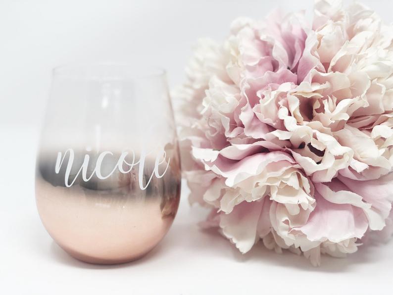 Personalized bridesmaid wine glasses- OMBRE rose gold wine glass- bridesmaid proposal box- gifts for bridal party wine stemless wine tumbler