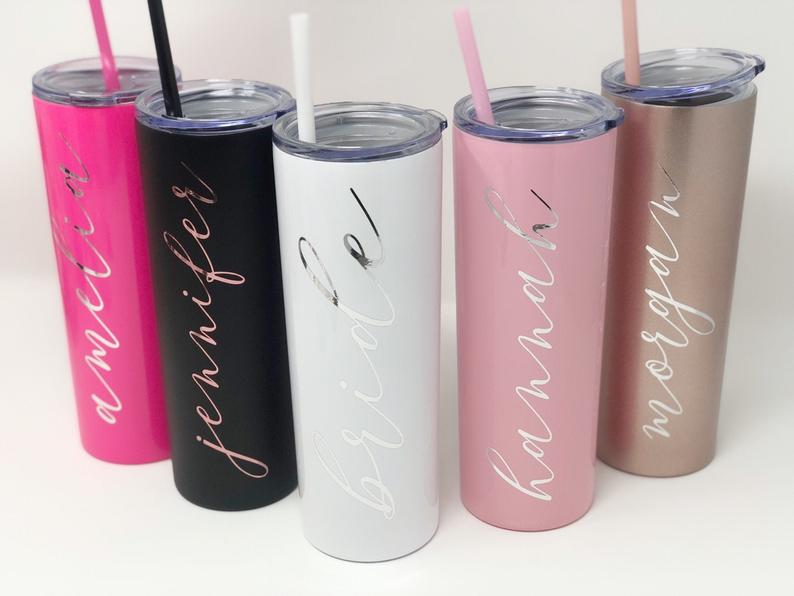 Personalized Bridesmaid tumblers- bridesmaid proposal box- bachelorette skinny tumbler- gift for bridesmaid idea- bridesmaid water bottles