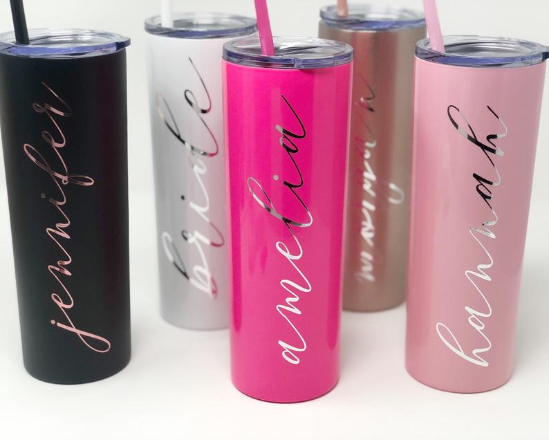 Personalized Bridesmaid tumblers- bridesmaid proposal box- bachelorette skinny tumbler- gift for bridesmaid idea- bridesmaid water bottles