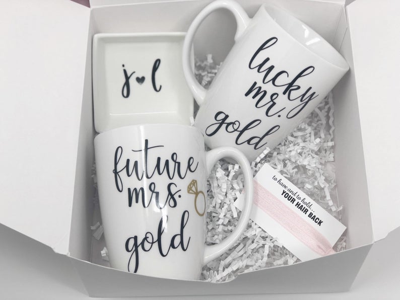 Future mrs lucky mr mugs gift set- engagement gift for the couple- personalized couples mug set- initial ring dish- wifey and hubby mugs-