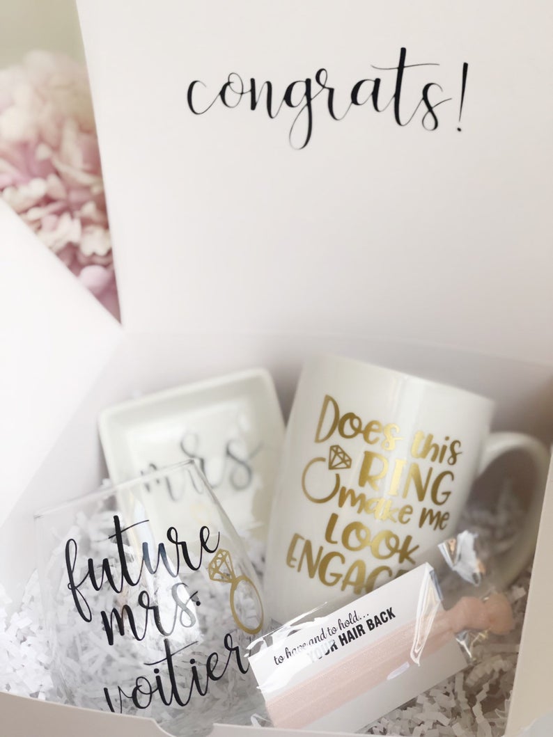 Does this ring make me look engaged mug - engagement gift box set for bride gift set- future mrs wine glass gift box set - congrats gift box