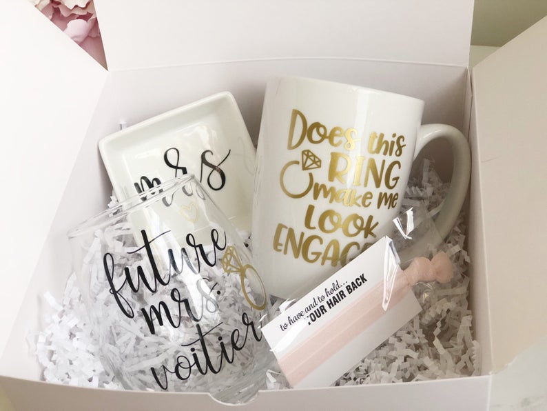 Does this ring make me look engaged mug - engagement gift box set for bride gift set- future mrs wine glass gift box set - congrats gift box