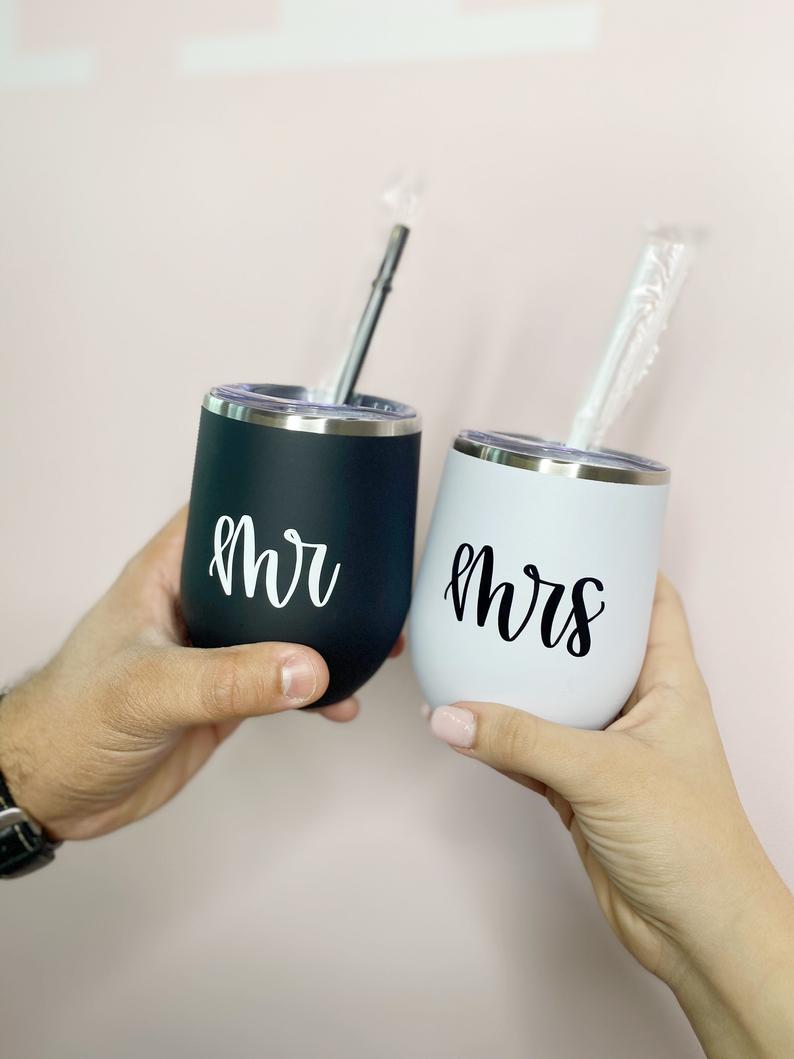 Mr and Mrs stainless steel wine tumblers- honeymoon tumblers- personalized wifey hubby tumblers- bride and groom gifts- future Mrs lucky mr