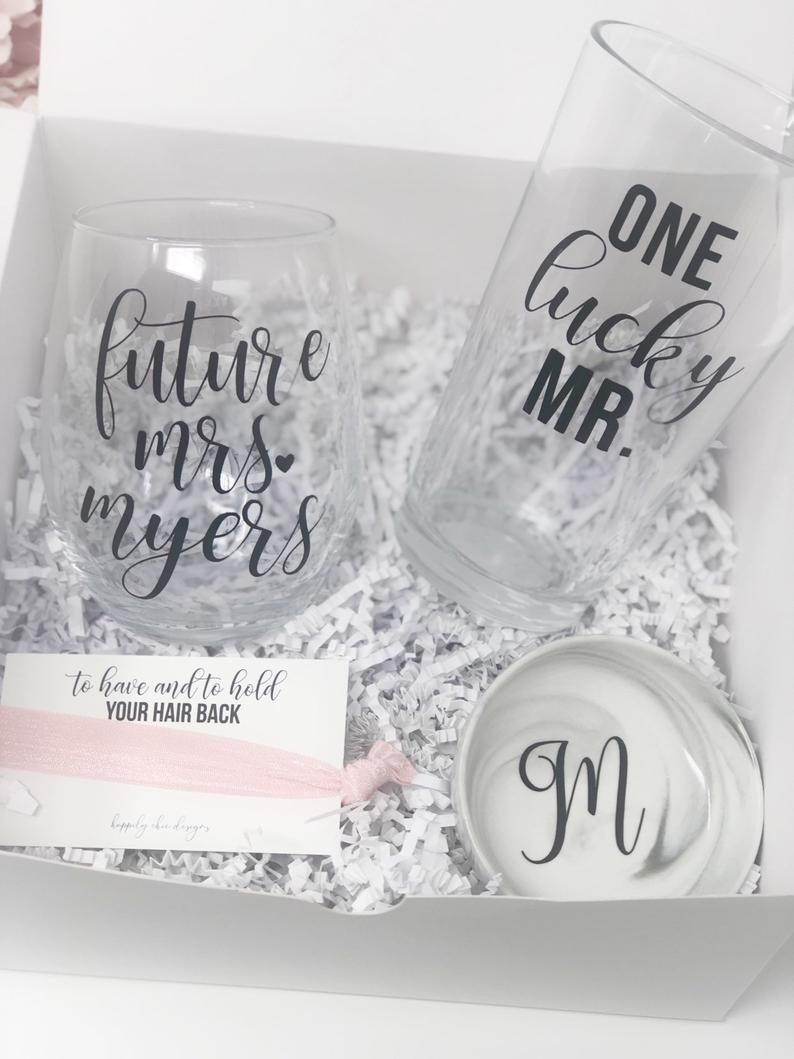 Future mrs one lucky mr wine glass beer glass gift box set- engagement gift box for couple- mr and mrs gift set- bride and groom gift box