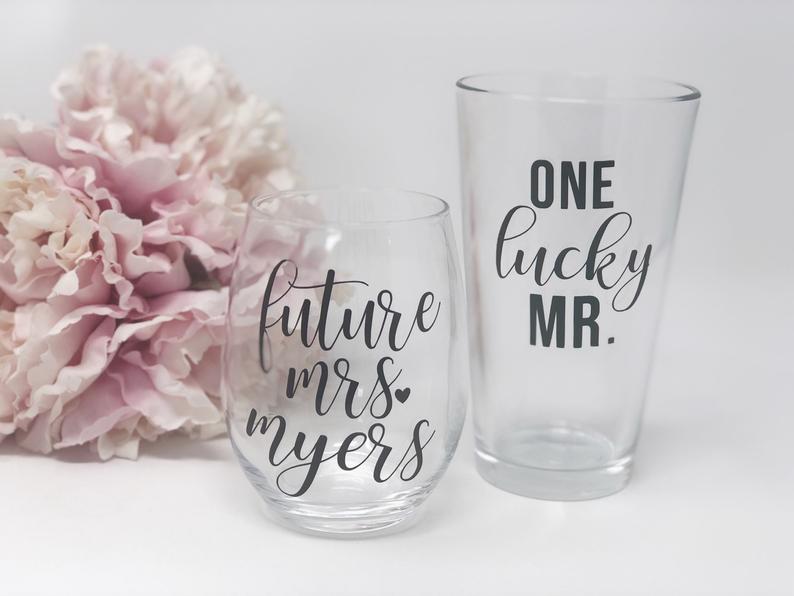 Future mrs one lucky mr wine glass beer glass gift box set- engagement gift box for couple- mr and mrs gift set- bride and groom gift box