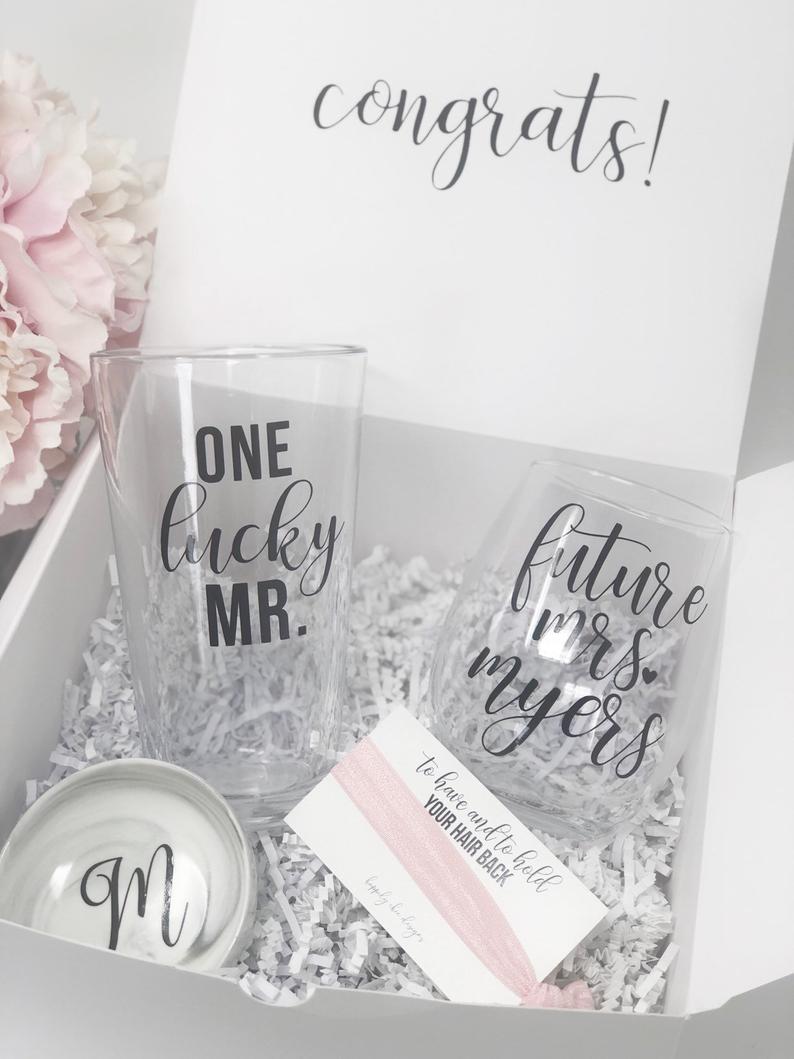 Future mrs one lucky mr wine glass beer glass gift box set- engagement gift box for couple- mr and mrs gift set- bride and groom gift box