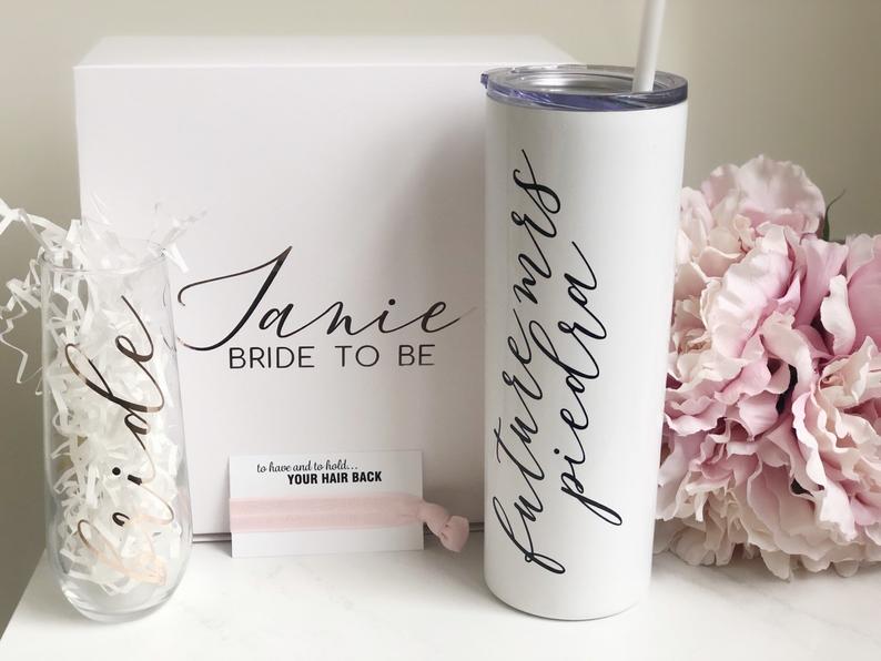 Future mrs tumbler gift box set- personalized bride tumbler gift box - bride champagne flute- engagement gift box set- future mrs bride box