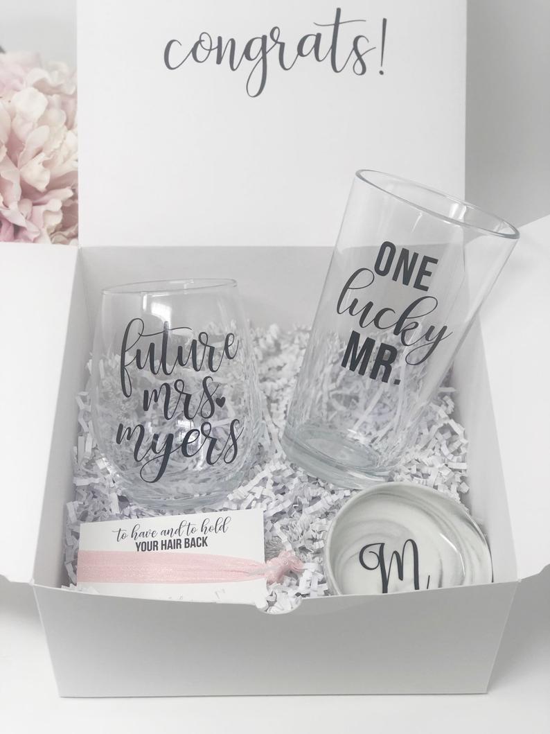 Future mrs one lucky mr wine glass beer glass gift box set- engagement gift box for couple- mr and mrs gift set- bride and groom gift box