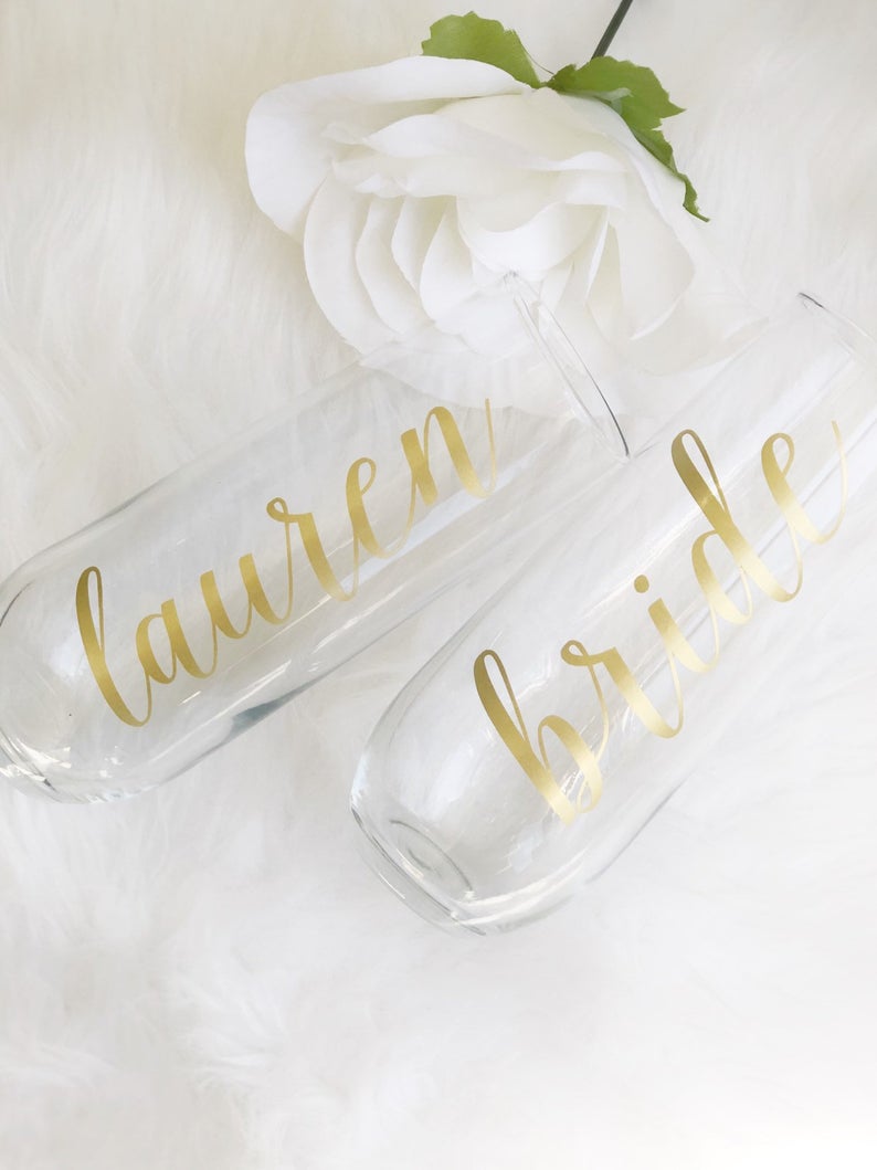 Personalized gold champagne glass- bridesmaid champagne flutes- wedding champagne flutes- bridesmaid proposal box gift idea- bridal party