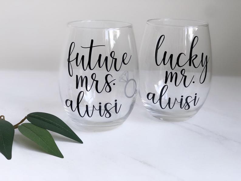 Personalized future mrs lucky mr wine glass set- mr and mrs wine glasses- his and hers wine tumblers- wifey and hubby wine glass- engagement