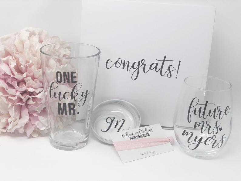 Future mrs one lucky mr wine glass beer glass gift box set- engagement gift box for couple- mr and mrs gift set- bride and groom gift box