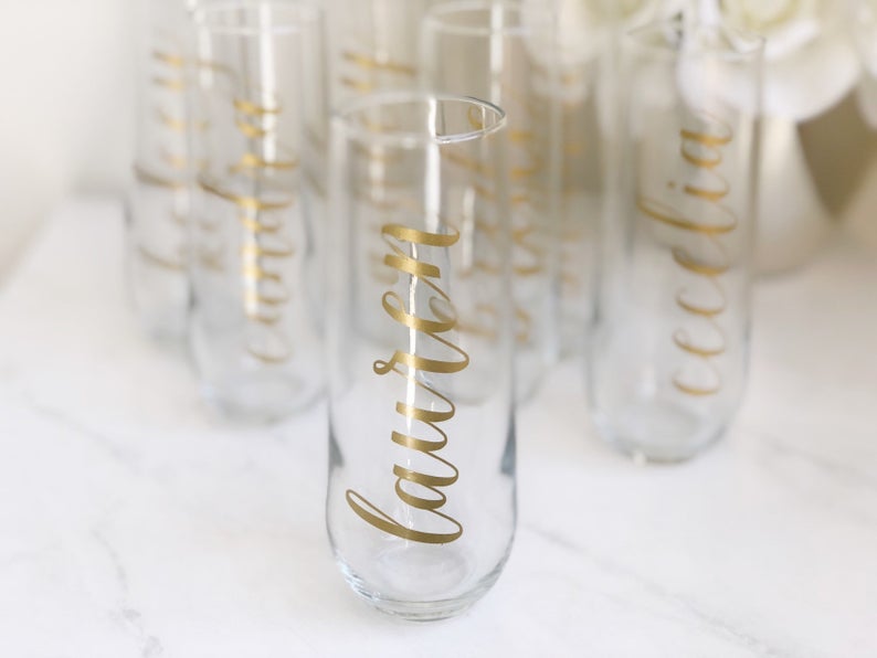 Personalized gold champagne glass- bridesmaid champagne flutes- wedding champagne flutes- bridesmaid proposal box gift idea- bridal party