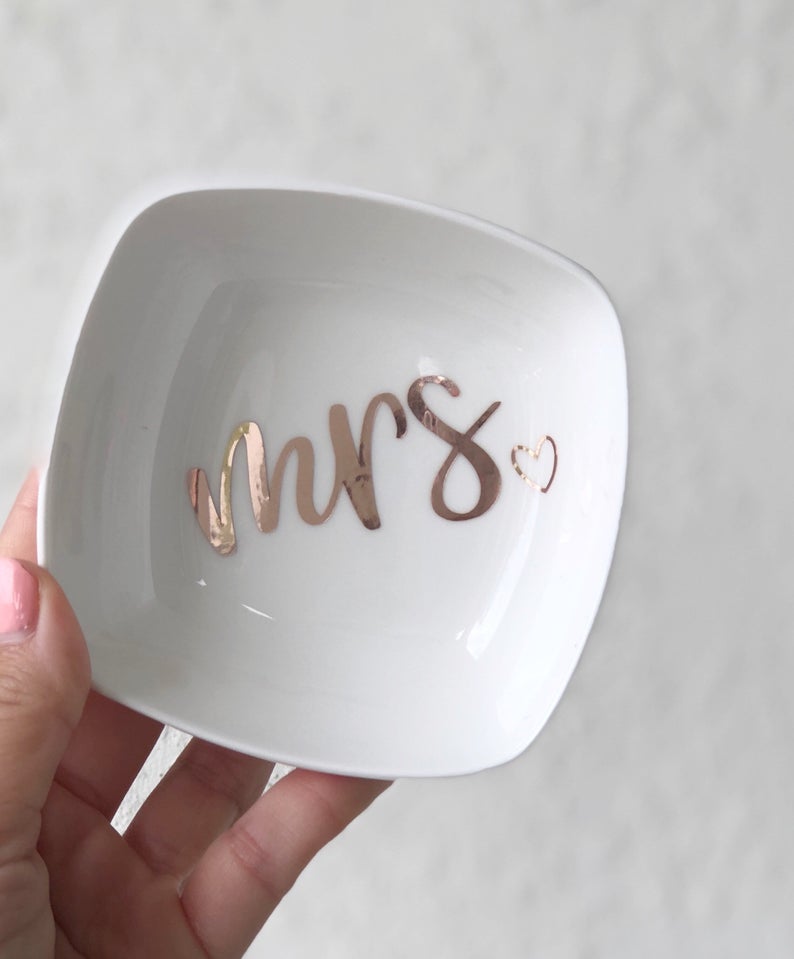 Mrs ring dish- rose gold mrs ring dish- bride ring holder gift - jewelry holder dish- mrs gifts- future mrs gift ring dish - bride to be