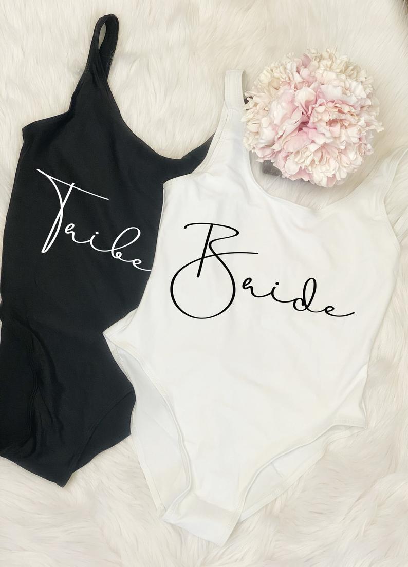 Bride Tribe Bathing suits- bachelorette swim suits one-piece- bride squad bride's babes swim wear- personalized bride bathing suit custom