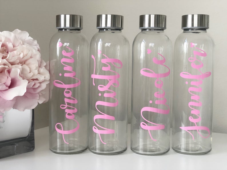 Pink glass water bottles- bachelorette water bottles- personalized glass water bottles- bridesmaid water bottle- bridesmaid waterbottle-