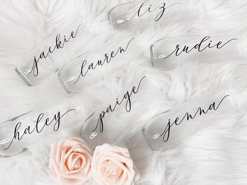 Bridesmaid champagne flutes- personalized champagne glasses- stemless champagne flutes for bridal party- gifts for bridesmaid proposal idea-