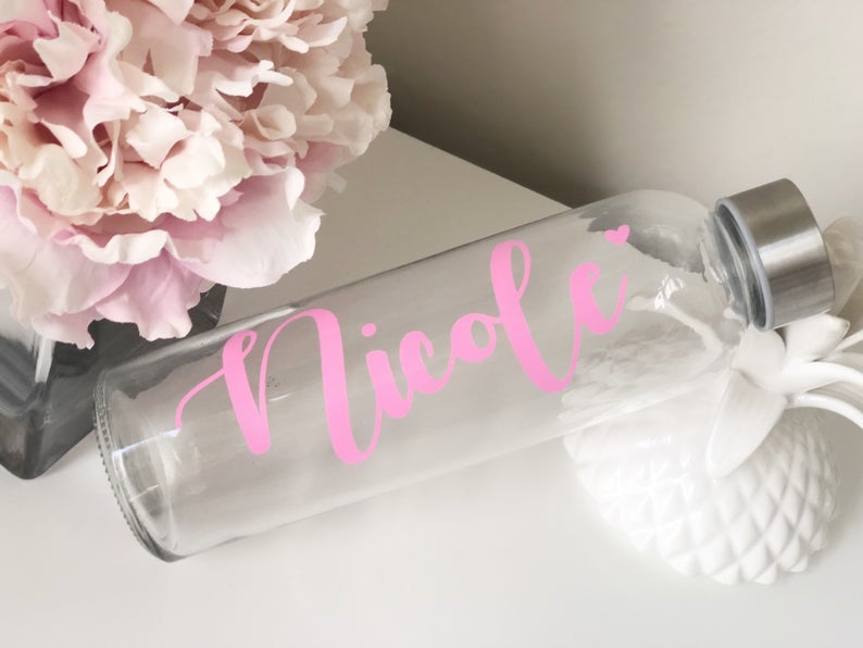 Pink glass water bottles- bachelorette water bottles- personalized glass water bottles- bridesmaid water bottle- bridesmaid waterbottle-