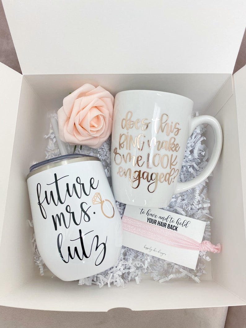 Does this ring make me look engaged bride gift box set- personalized future Mrs wine tumbler - engagement mug- engaged af gift for bride to