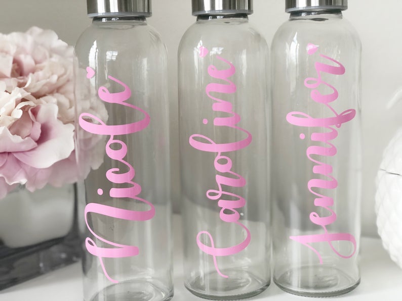 Pink glass water bottles- bachelorette water bottles- personalized glass water bottles- bridesmaid water bottle- bridesmaid waterbottle-