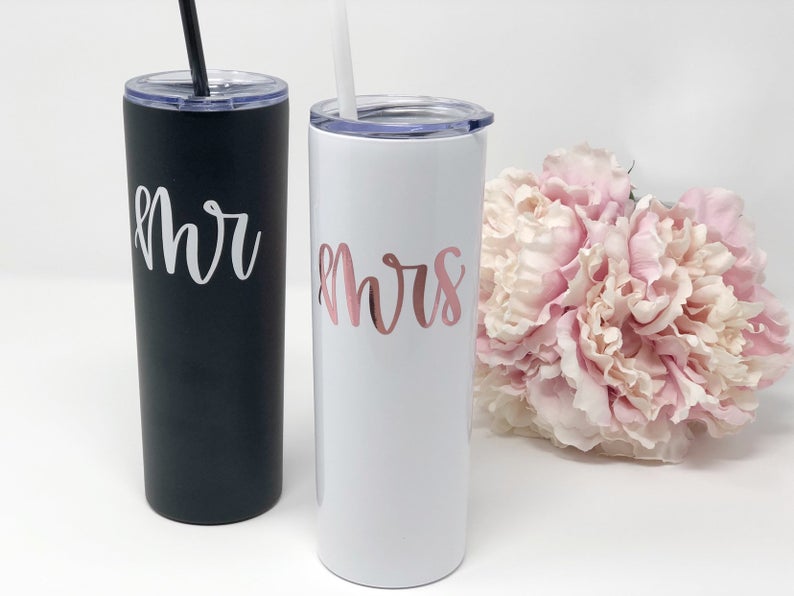 Mr and mrs skinny tumbler gift set- personalized honeymoon tumblers- mr and mrs gifts- gift for bride and groom cups- wifey and hubby tumble