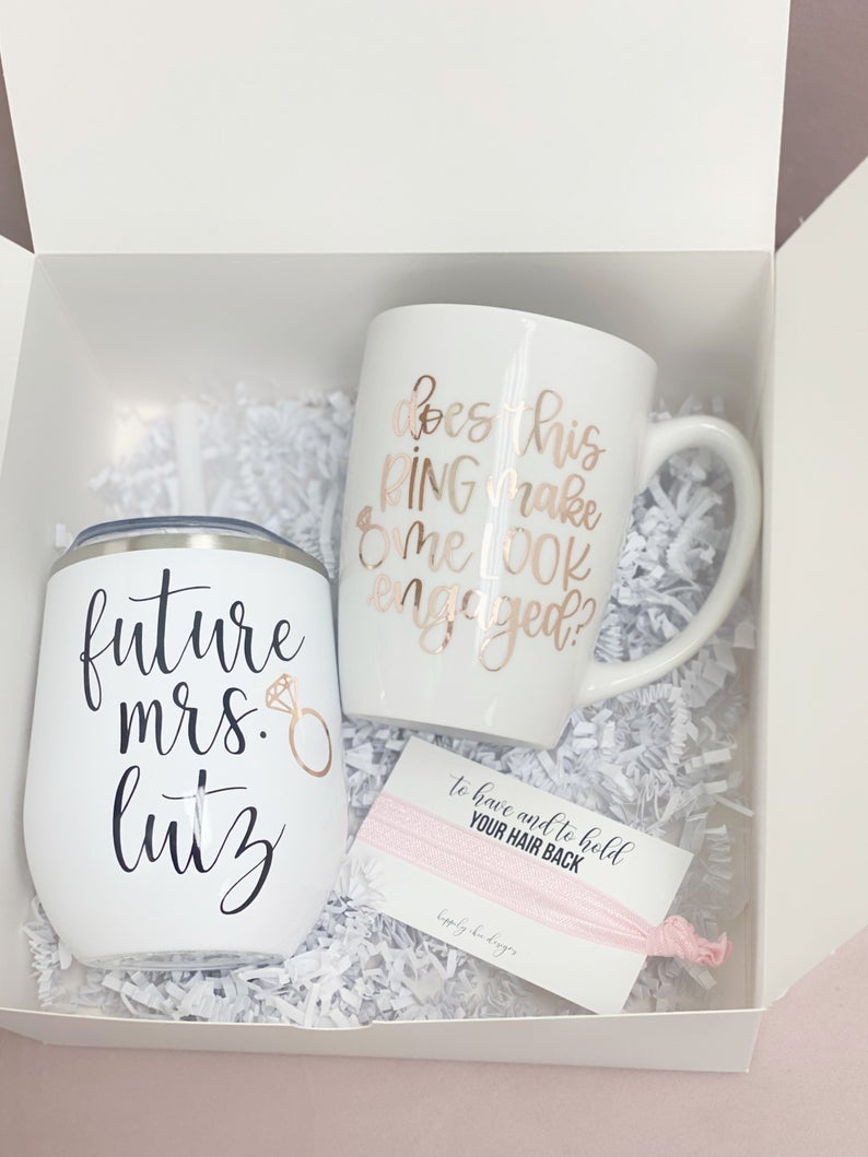 Does this ring make me look engaged bride gift box set- personalized future Mrs wine tumbler - engagement mug- engaged af gift for bride to