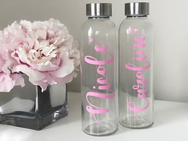 Pink glass water bottles- bachelorette water bottles- personalized glass water bottles- bridesmaid water bottle- bridesmaid waterbottle-