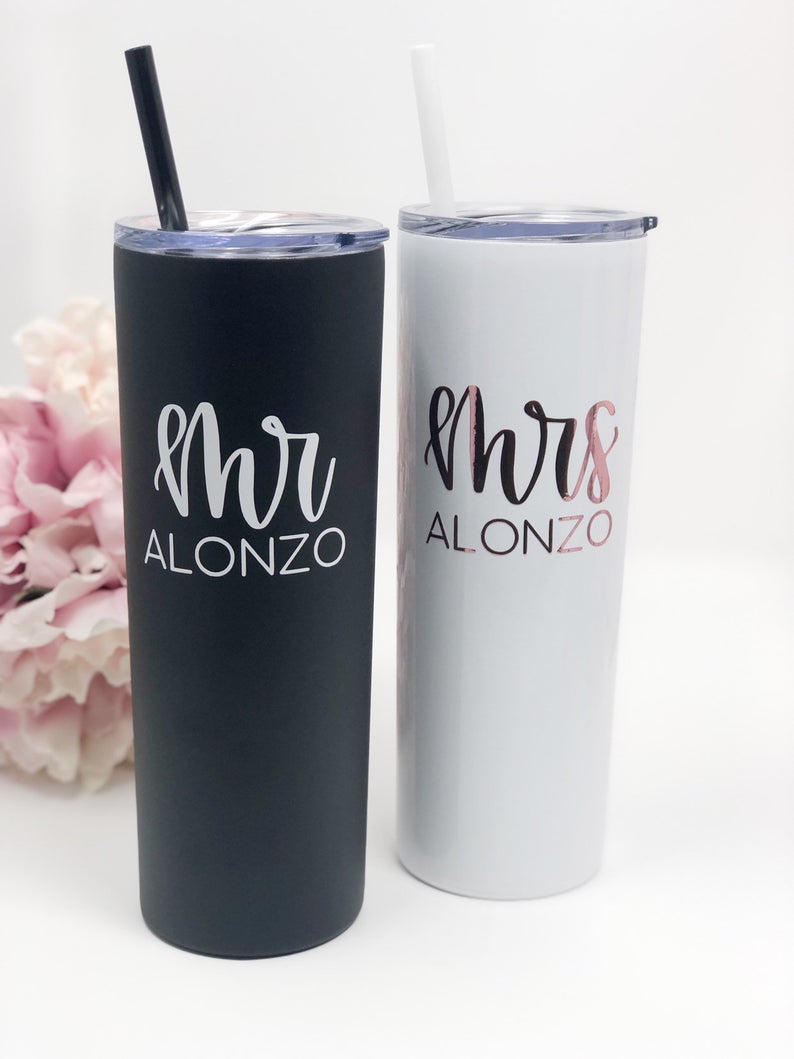 Mr and mrs skinny tumbler gift set- personalized honeymoon tumblers- mr and mrs gifts- gift for bride and groom cups- wifey and hubby tumble