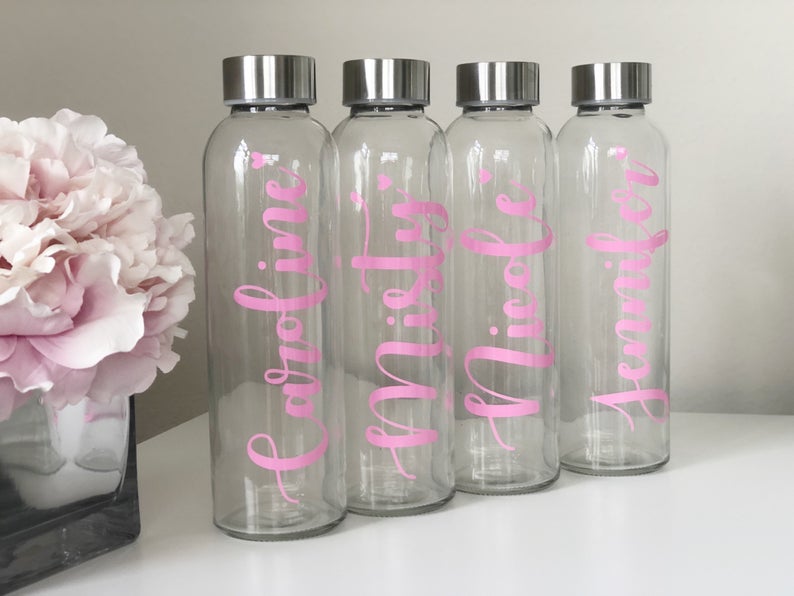 Pink glass water bottles- bachelorette water bottles- personalized glass water bottles- bridesmaid water bottle- bridesmaid waterbottle-