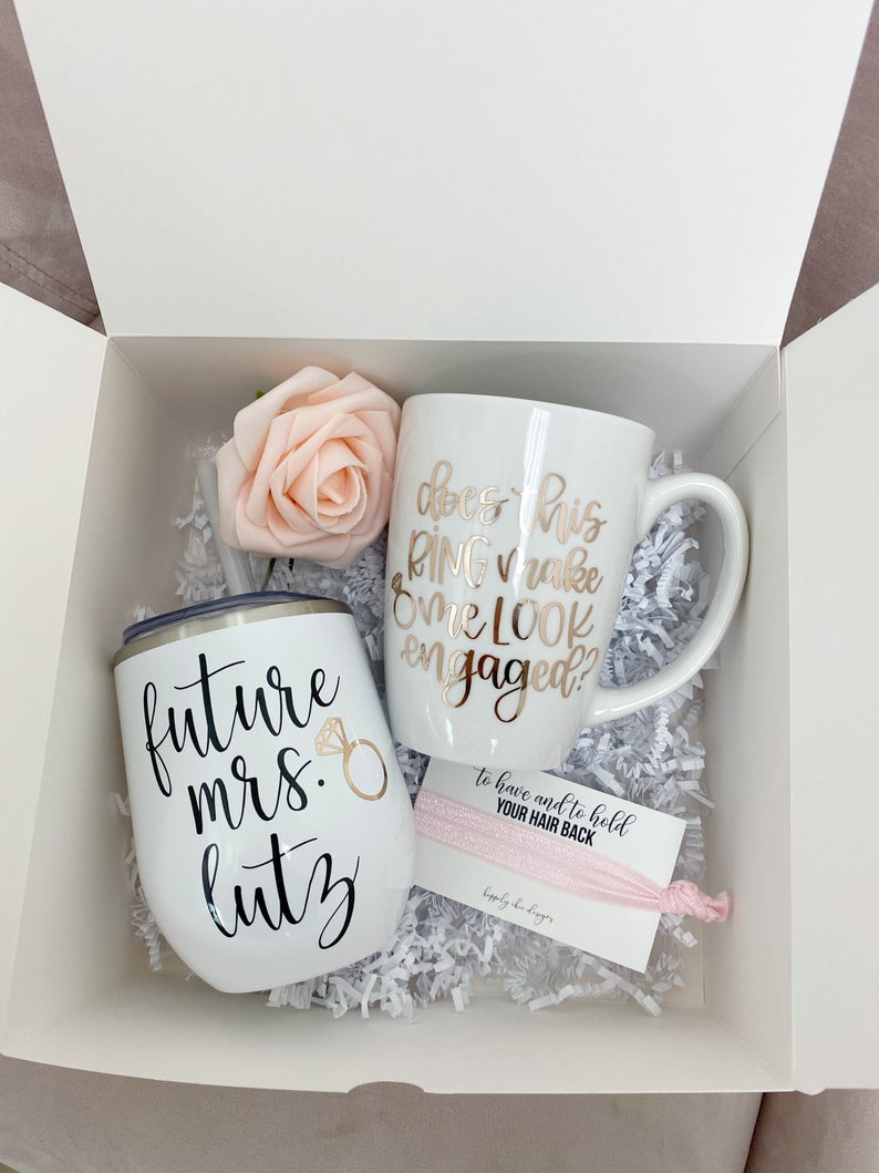 Does this ring make me look engaged bride gift box set- personalized future Mrs wine tumbler - engagement mug- engaged af gift for bride to